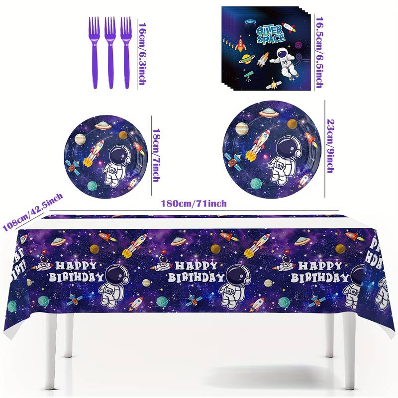 Set borden, bestek en tafel kleed astronaut thema